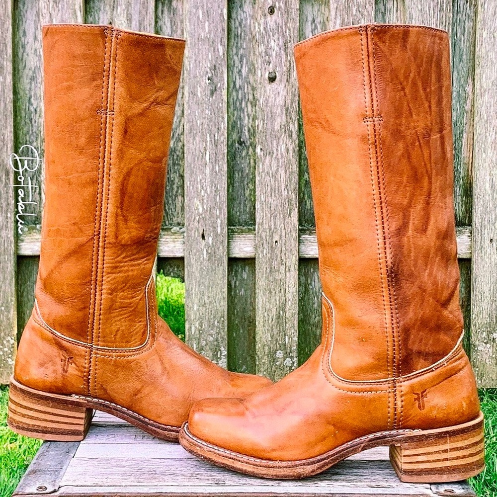 SOLD FRYE Campus 14L Made in USA Tan Brown Leather Tall Western Boots, Size 7 - Picture 1 of 11